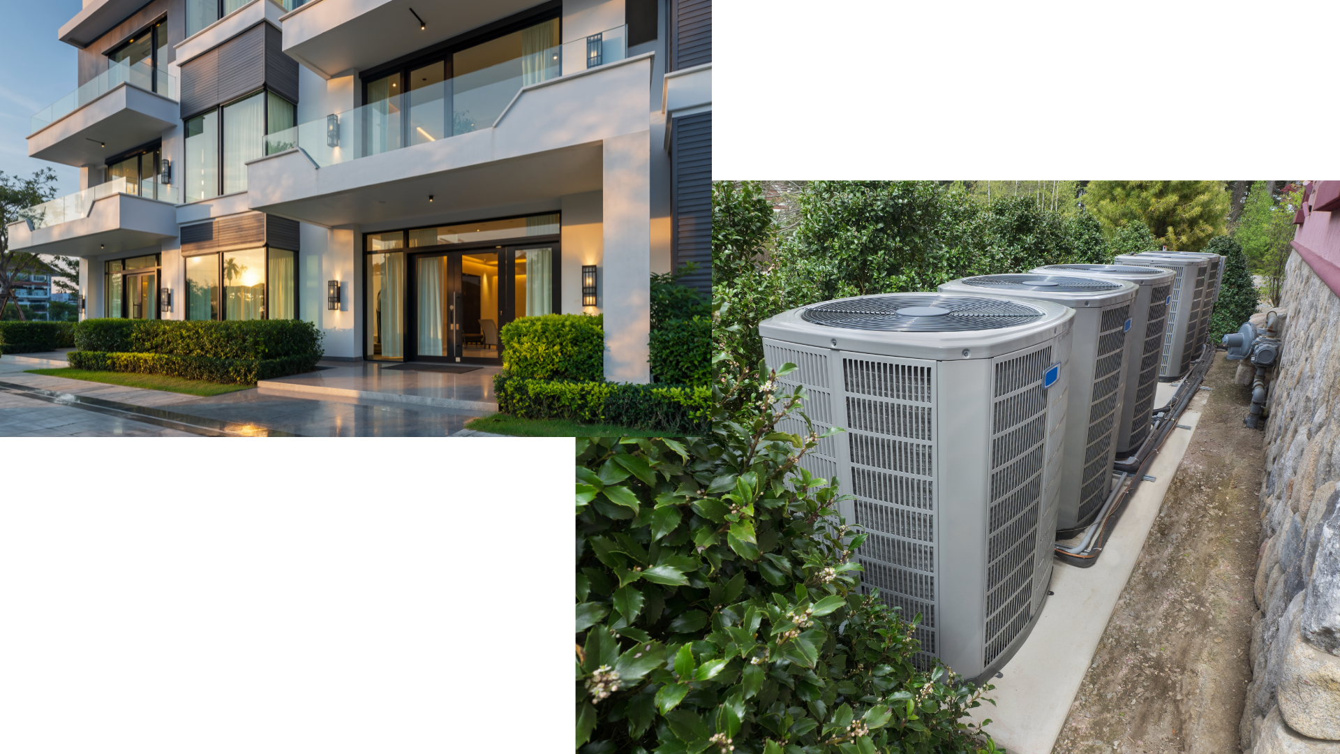 Contact us dual image of a multi-story luxury home overlaying another image of 5 HVAC units used for the HVAC zoning system within that home.