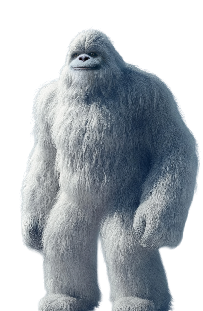 Contact Us A tall, white yeti with a smiling face and thick fur stands on a white background.