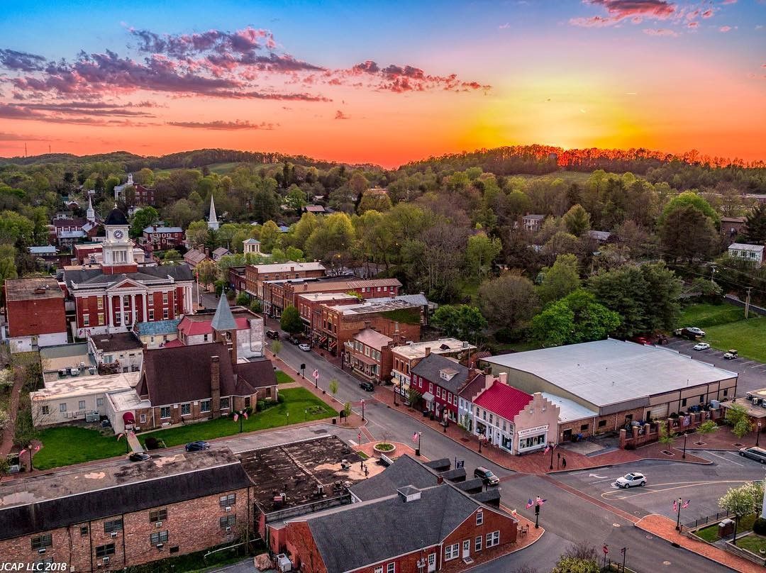 Ariel photo of Downtown Jonesborough Tennessee with a gorgeous sunset in the background over the Appalachian Mountains