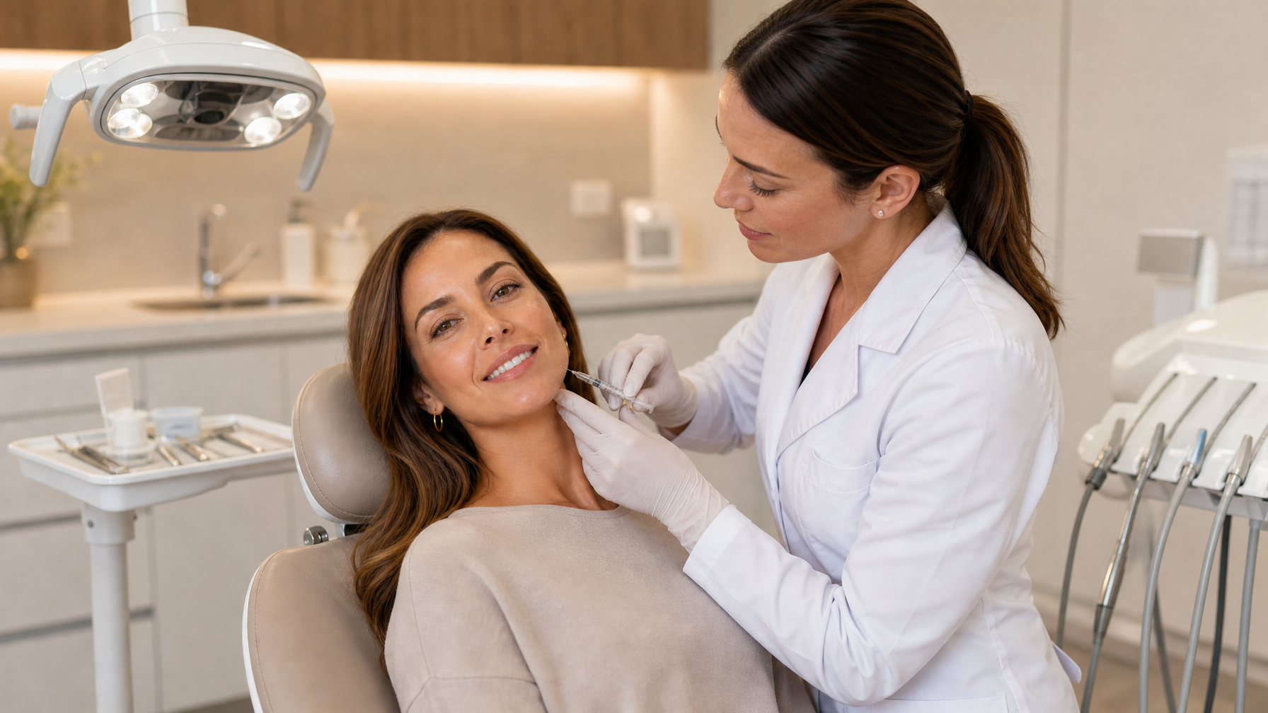 Smiling woman at dentist, seated beside a white chair with warm sunlight in the background
