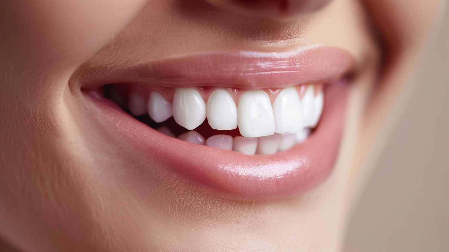 Close-up of a smiling mouth with bright white teeth and glossy, pink lips.