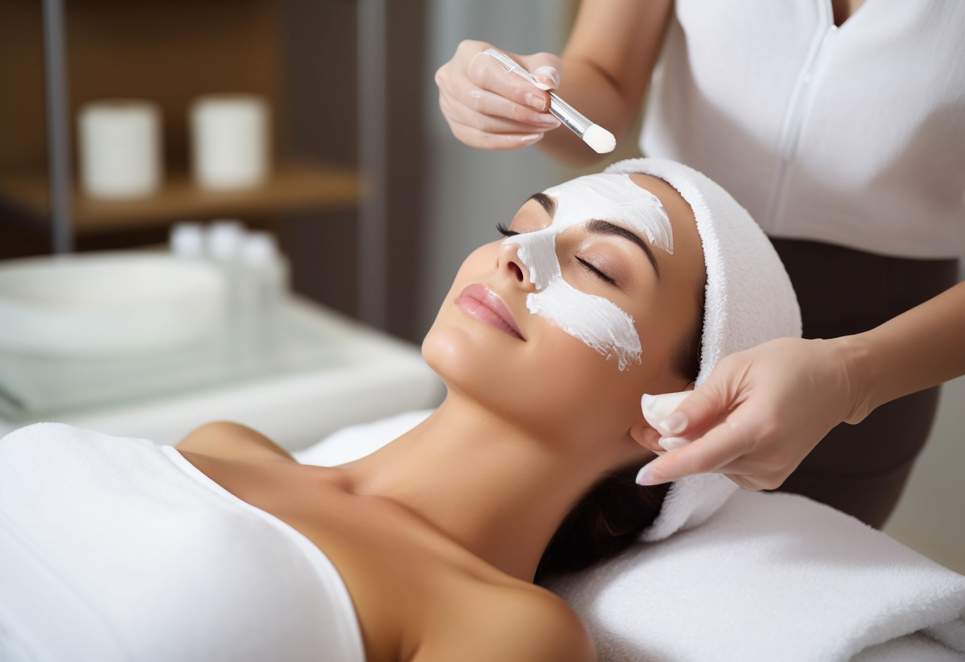 A woman is getting a facial treatment at a spa.