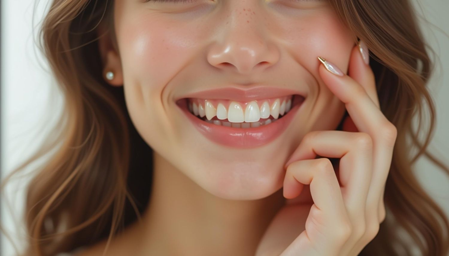 Woman smiling, showing white teeth, touching cheek with painted nails.