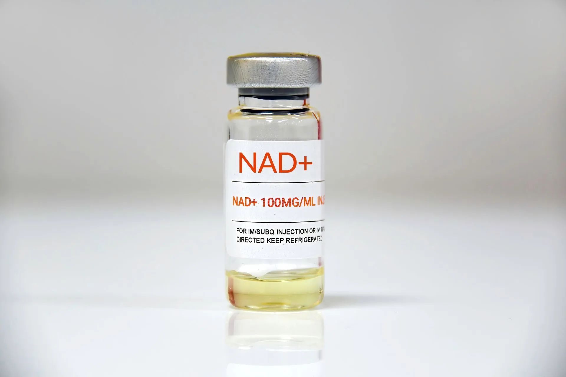 Vial of injectable NAD+ solution, labeled 