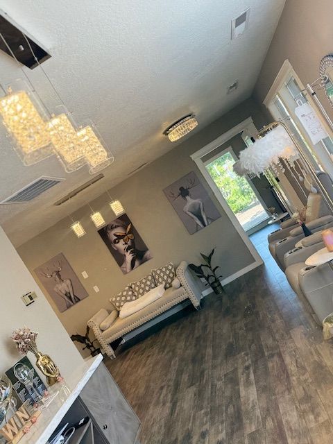 A living room with a couch and a sign that says win