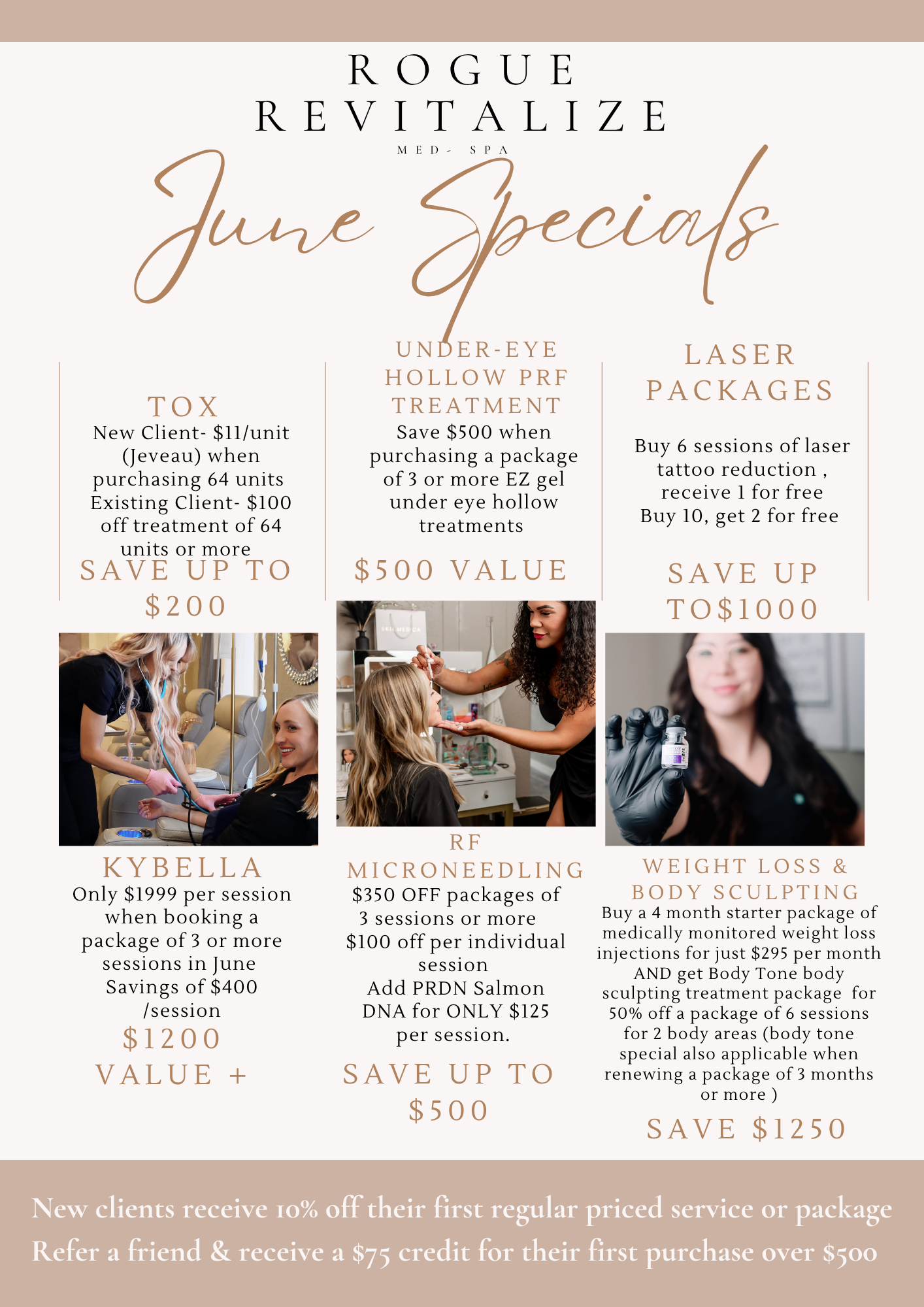A flyer for rogue revitalize offers a variety of facial treatments.