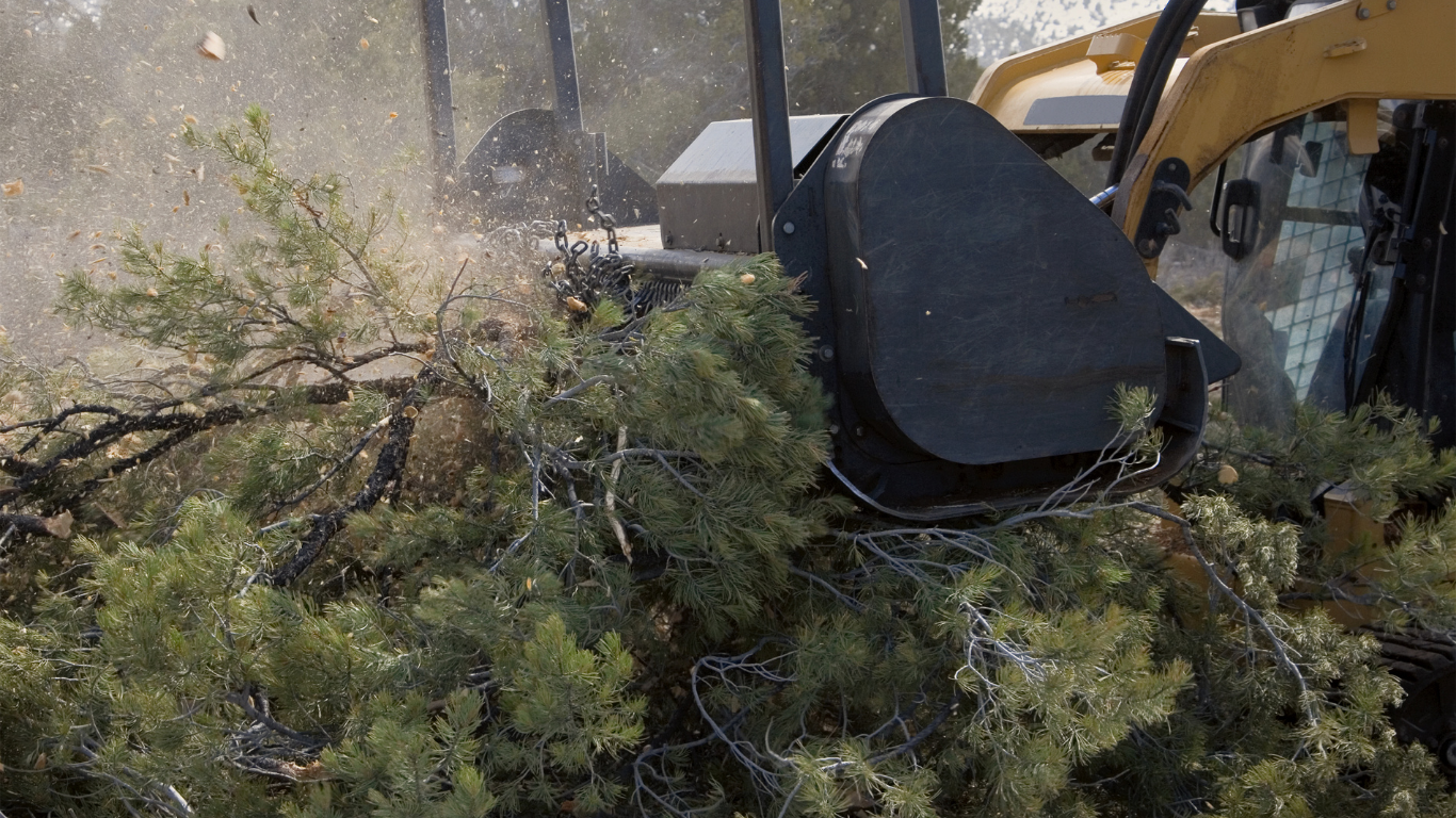 Yellow skid steer mulching branches, producing wood chips.