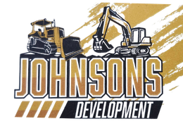 Johnson's Development logo featuring construction equipment in gold and black. 