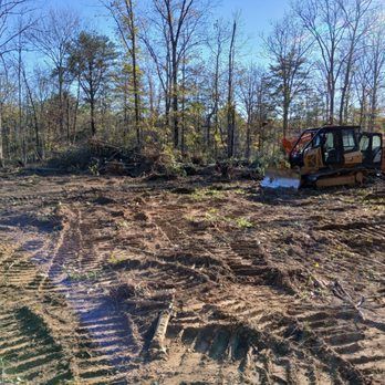A bulldozer clearing land in a wooded area, leaving tire tracks in the dirt.