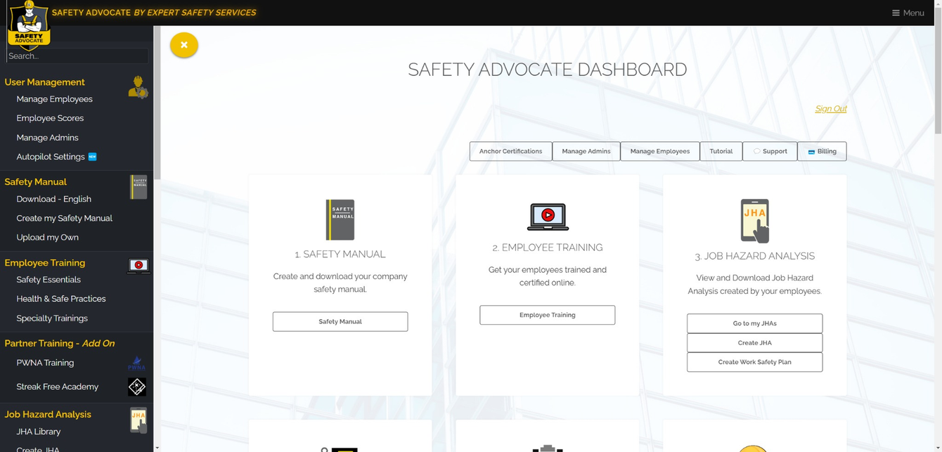 A screenshot of a safety advocate dashboard on a computer screen.