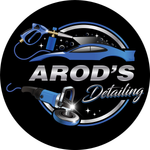 Logo for "AROD'S Detailing": a blue car, pressure washer, and polisher with the company name in silver.