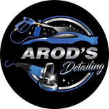 Logo for "AROD'S Detailing": a blue car, pressure washer, and polisher with the company name in silver.