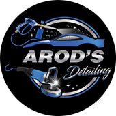 Logo for "AROD'S Detailing": a blue car, pressure washer, and polisher with the company name in silver.