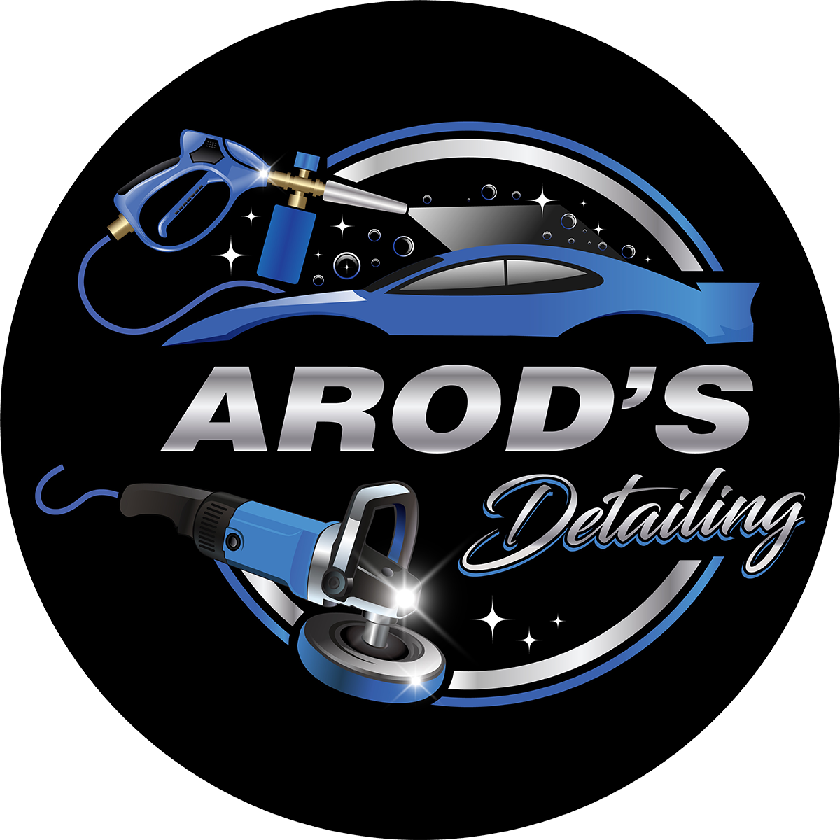 Logo for "AROD'S Detailing": a blue car, pressure washer, and polisher with the company name in silver.