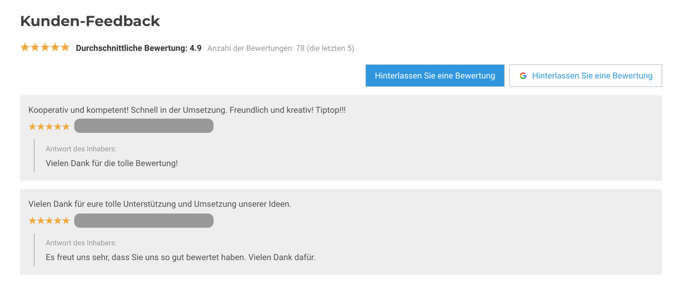 Ein Screenshot einer Kundenfeedback-Seite auf einer Website