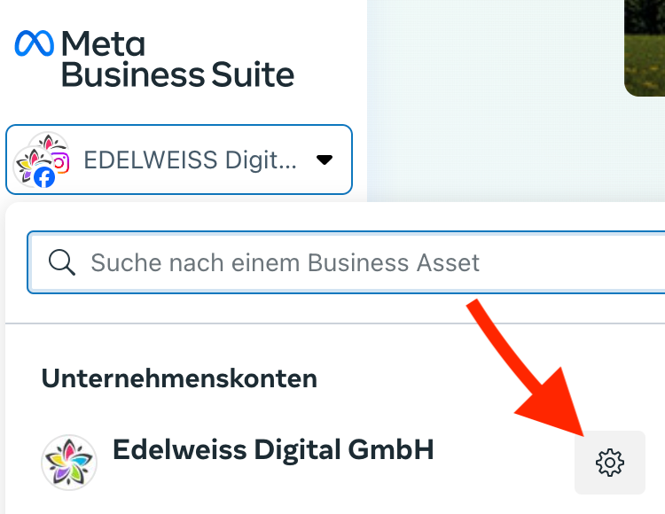 Ein Screenshot der Meta Business Suite mit einem Pfeil, der auf die Schaltfläche „Einstellungen“ zeigt