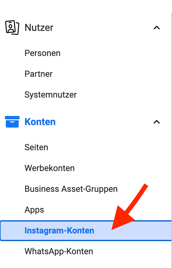 Ein Screenshot einer Webseite mit einem Pfeil, der auf die Schaltfläche „Instagram-Konten“ zeigt.