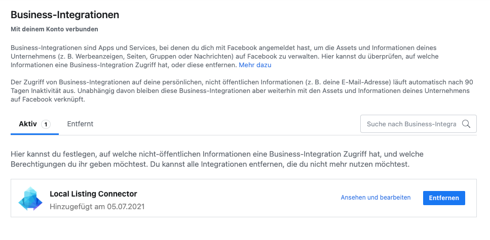 Ein Screenshot einer Website mit der Aufschrift „Business Integrationen“.