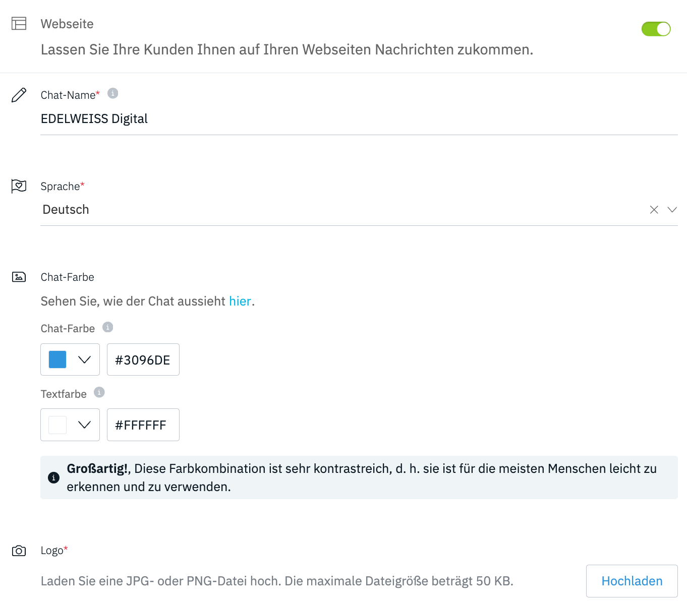 Ein Screenshot einer Webseite mit einem Formular für einen Webchat.