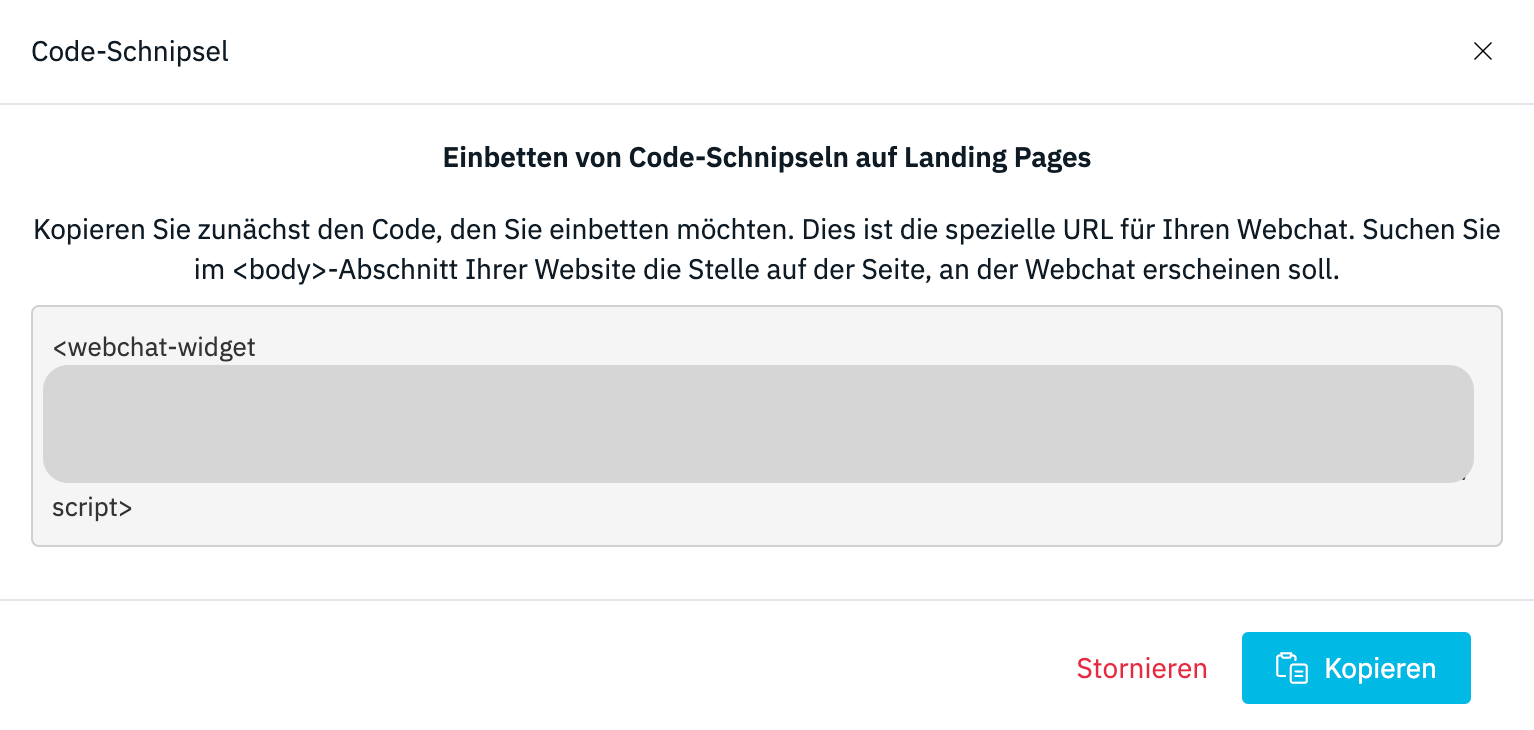 Ein Screenshot einer Webseite mit einem Webchat Widget Snippet Code.