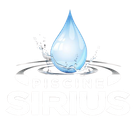 Le logo de piscine sirius montre une goutte d'eau éclaboussant une piscine.