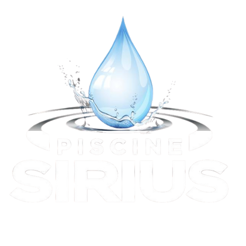 Le logo de piscine sirius montre une goutte d'eau éclaboussant une piscine.