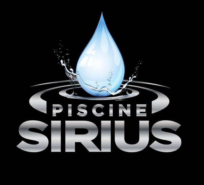 Le logo de piscine sirius montre une goutte d'eau éclaboussant une piscine.