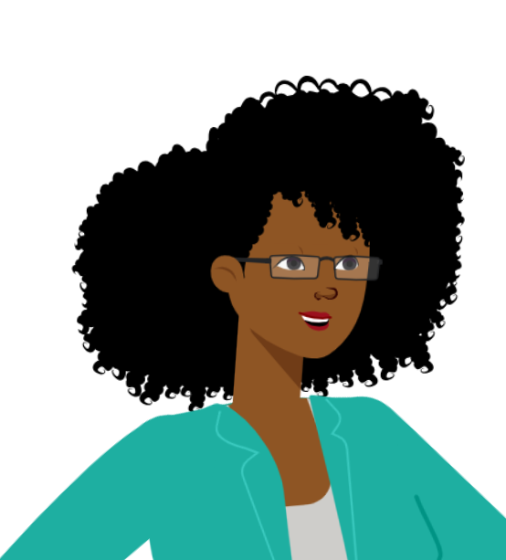 A woman with curly hair wearing glasses and a blue jacket