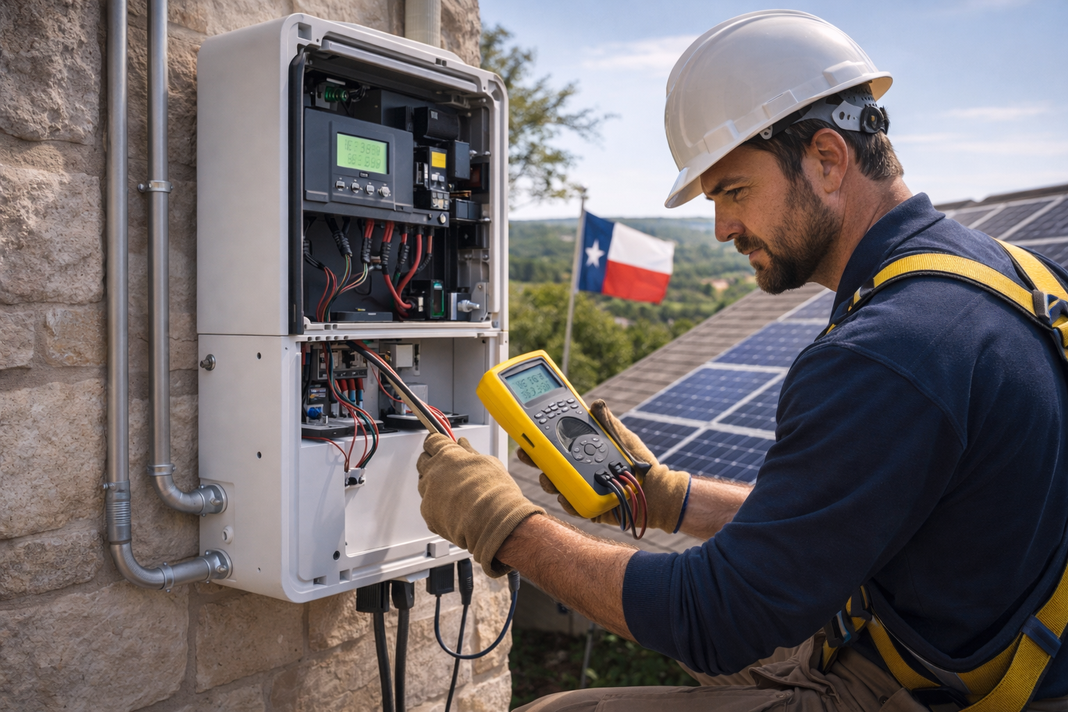 House with solar panels on the roof, under a cloudy sky.