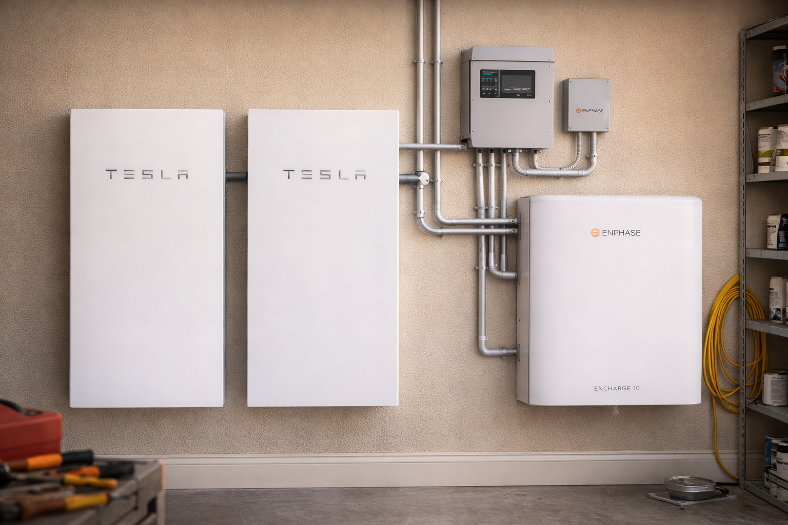 Solar panel installer uses a drill on a white battery unit mounted on a building wall.