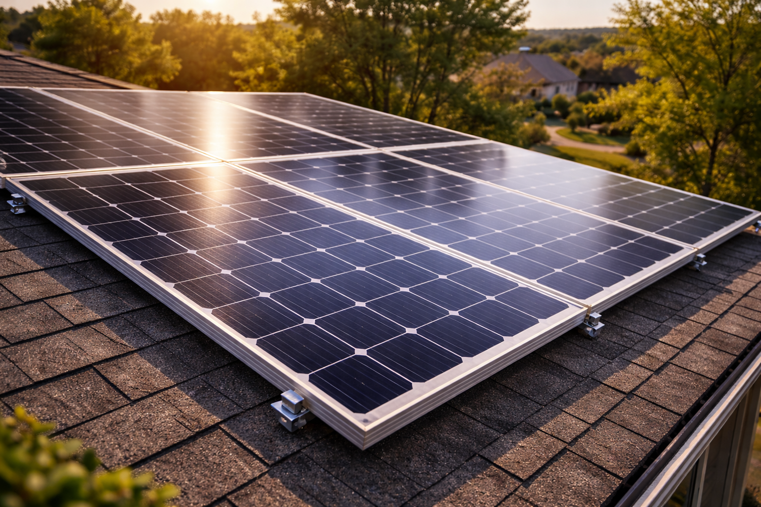 Solar panels installed on a residential rooftop. Blue panels, brown roof, chimney, and skylights.