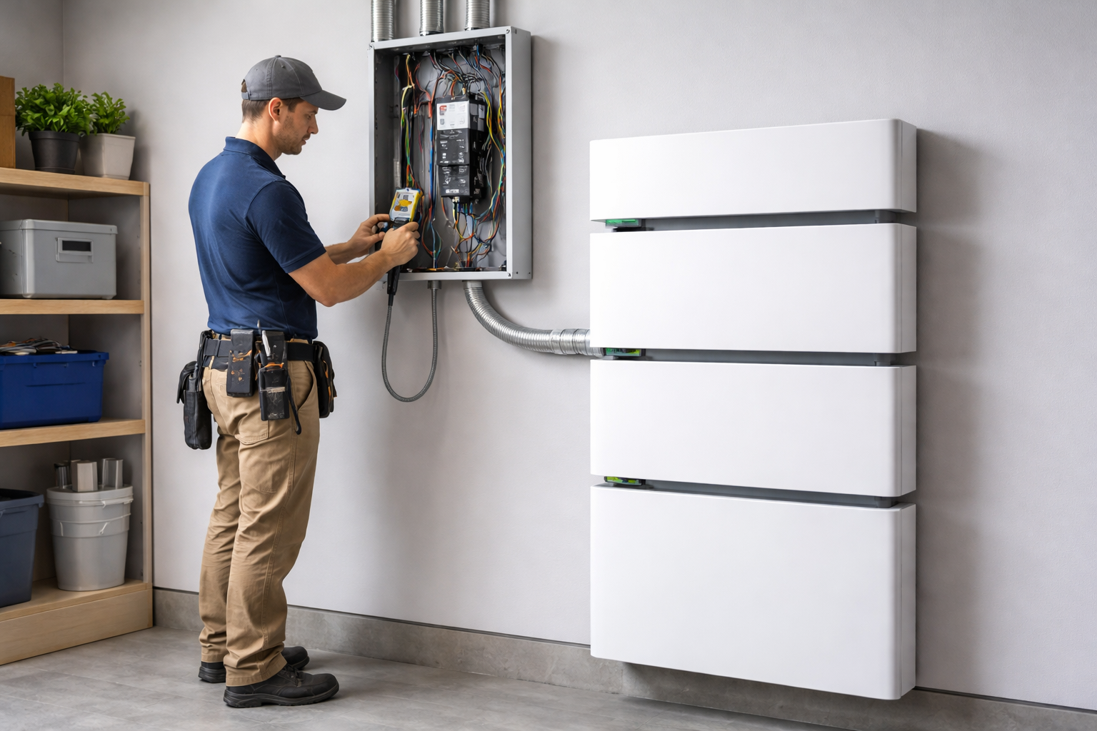 Electrician installing solar battery system in garage, working on electrical panel.