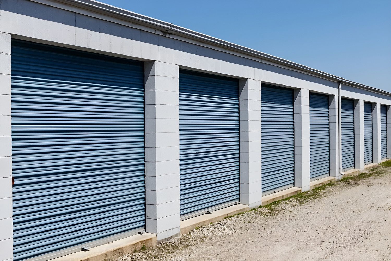 Row Of Blue Storage Unit In A Light Gray Building