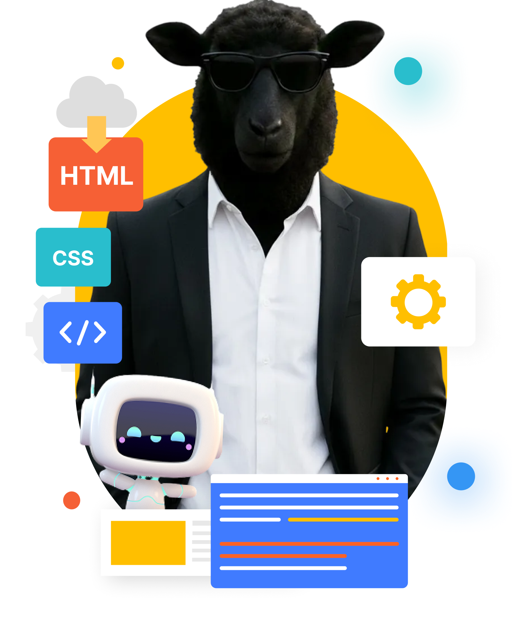 Black sheep in suit and sunglasses with a robot and speech bubbles on a yellow background.