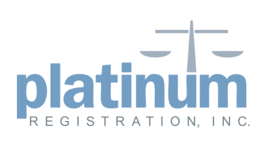 A blue logo for platinum registration inc.