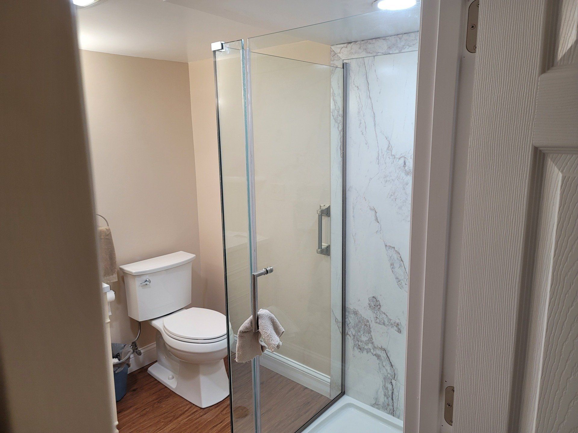 A bathroom with a toilet and a walk in shower.