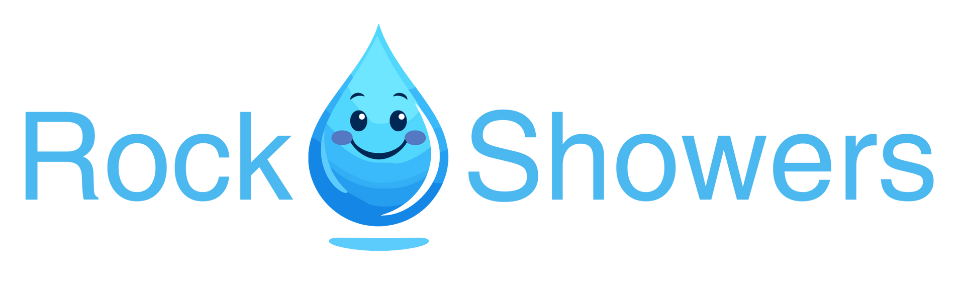 Logo for Rock Showers: Blue water droplet character smiling, text 