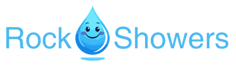 Logo for Rock Showers: Blue water droplet character smiling, text 