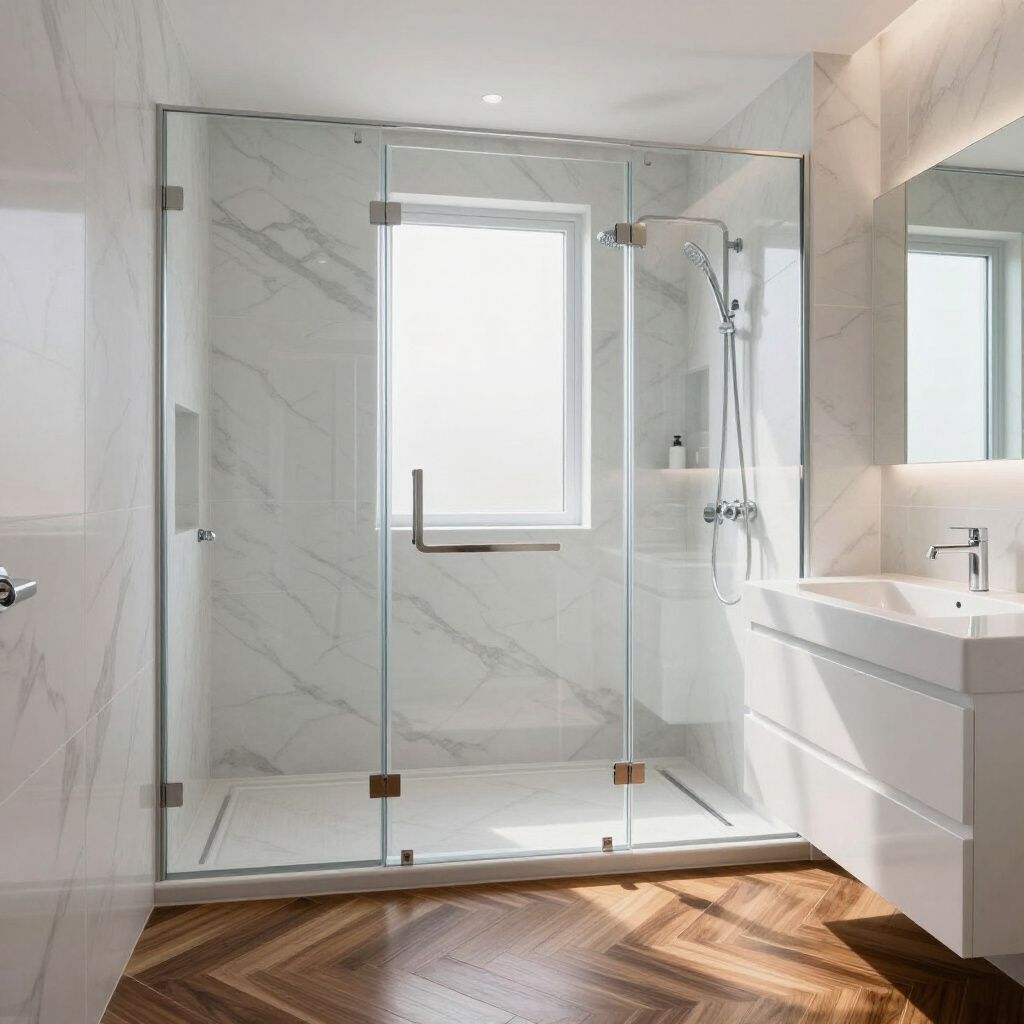 Bathroom with white shower and toilet, wood-look floor tiles, white vanity, and light blue walls.