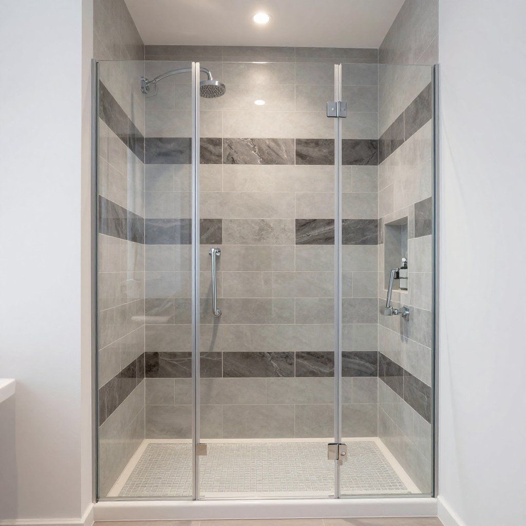 Bathroom with white shower and toilet, wood-look floor tiles, white vanity, and light blue walls.