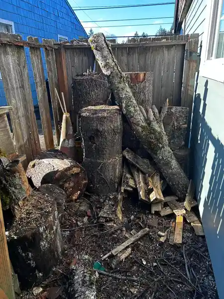 A pile of logs sitting next to a wooden fence.
