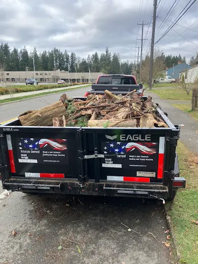 A dumpster filled with logs is parked on the side of the road.