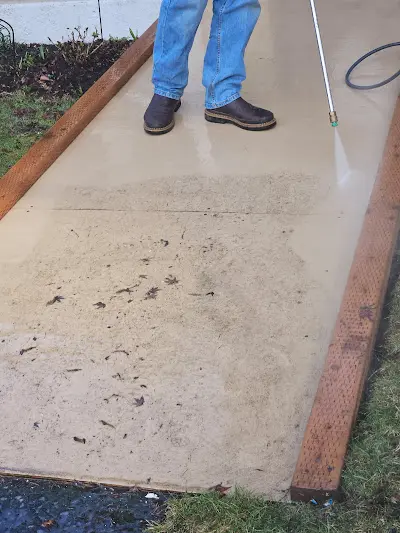 A person is cleaning a concrete walkway with a pressure washer.
