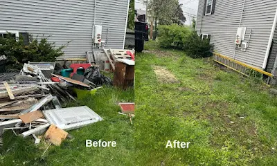 A before and after picture of a yard with a house in the background.