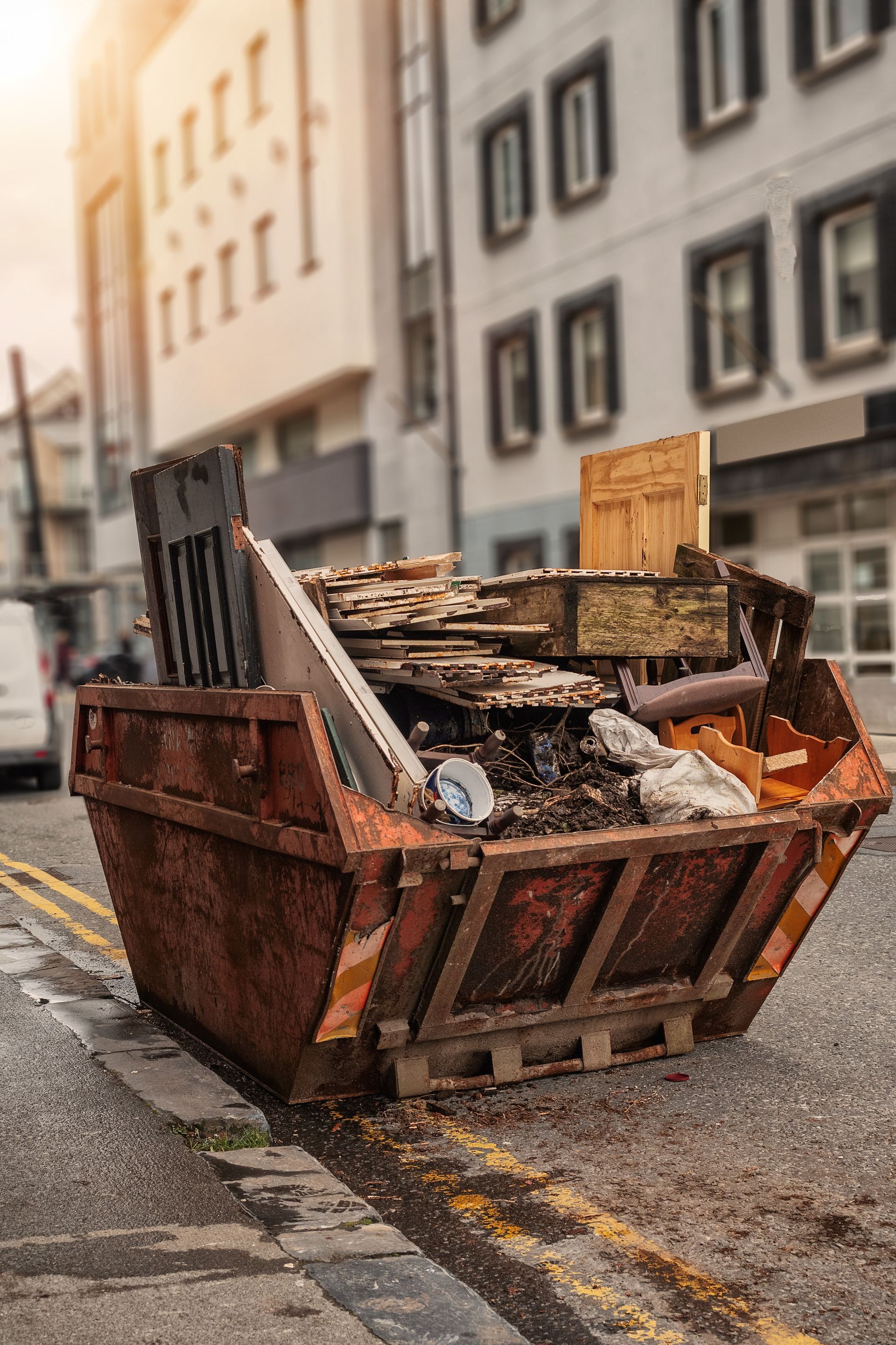 A dumpster is sitting on the side of the road in front of a building.