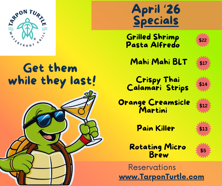 Tarpon Turtle specials menu featuring six items with prices, a cartoon turtle holding a martini, and their website.