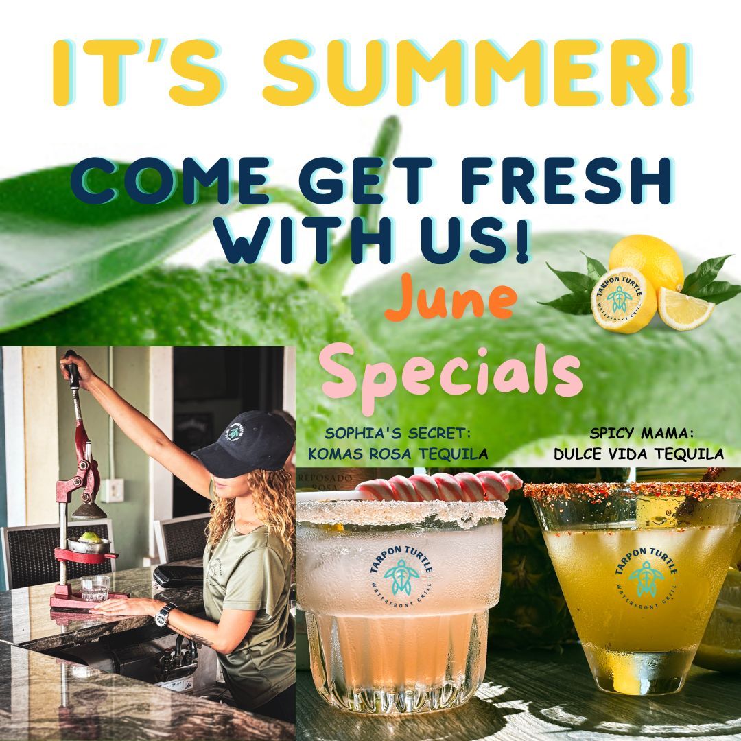 A summer promotional flyer for June drink specials featuring two cocktails and a person using a citrus press.