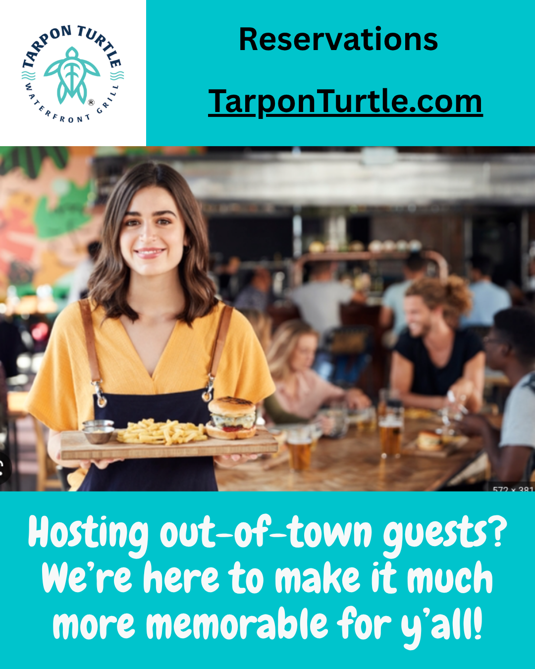 A smiling server holds a burger and fries in a restaurant with the text 