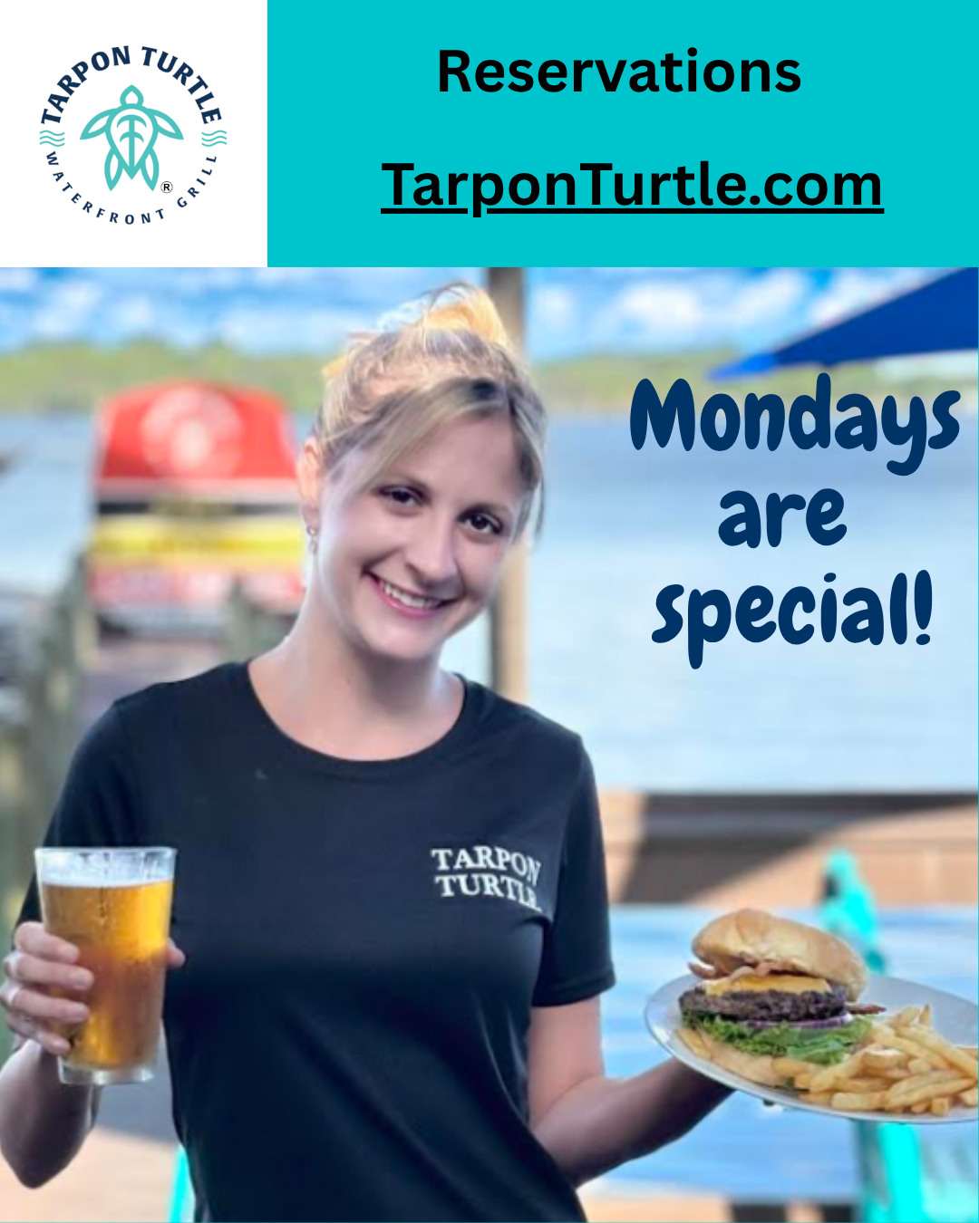 A server smiles while holding a beer and a burger with fries, with text: 