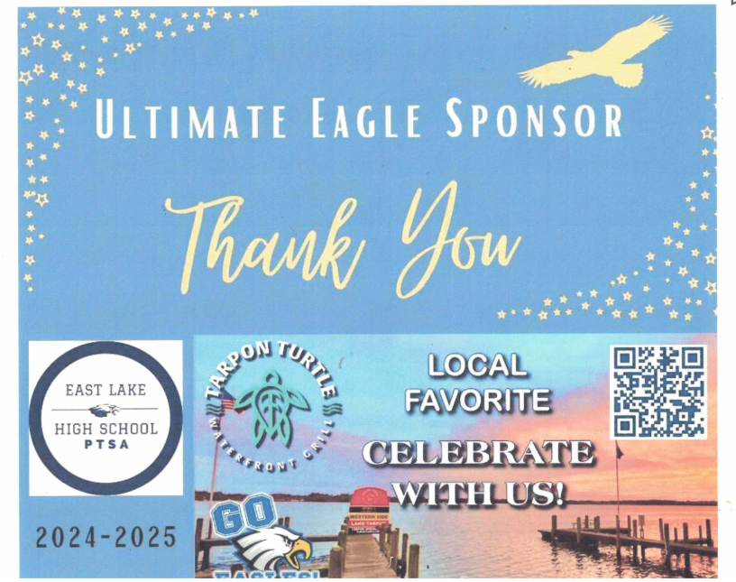 A sponsor thank-you graphic for East Lake High School PTSA, featuring a sunset over a pier and a QR code.